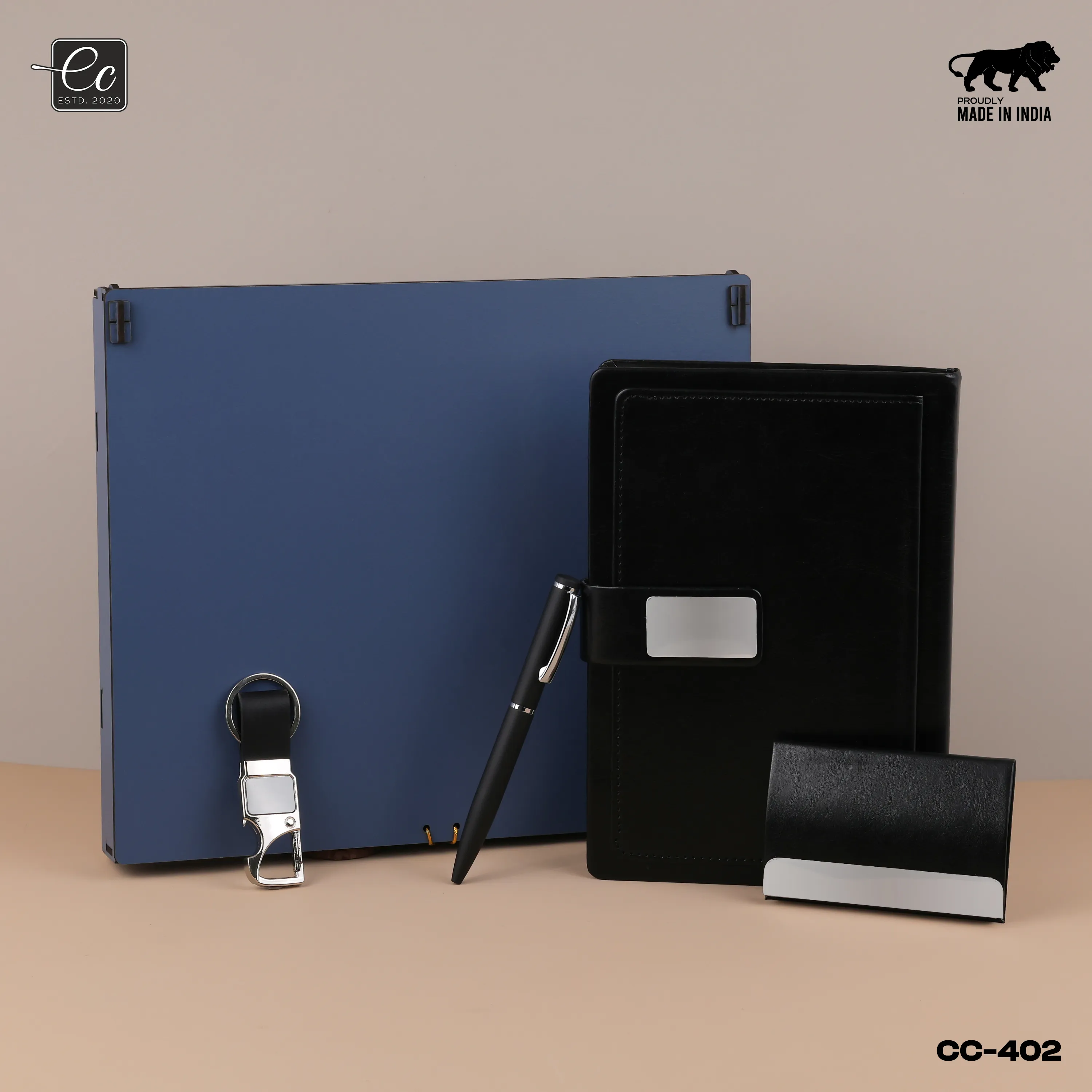 4 in 1 Corporate Gift Set includes Personalized Diary, Pen, Card Holder & Keychain